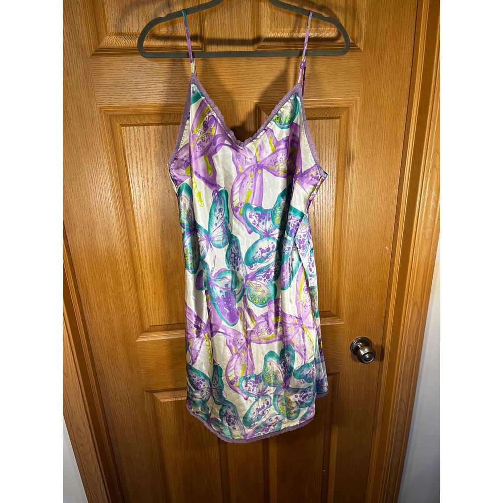 Vintage Butterfly Print Satin Nightgown Slip Dress Purple Lace Trim 1X